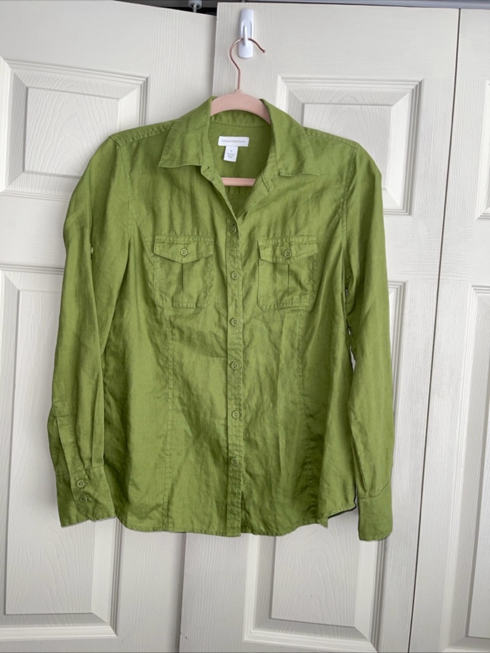 Charter Club women's Green Linen roll-tab long sleeve Button Down Shirt.  #0048